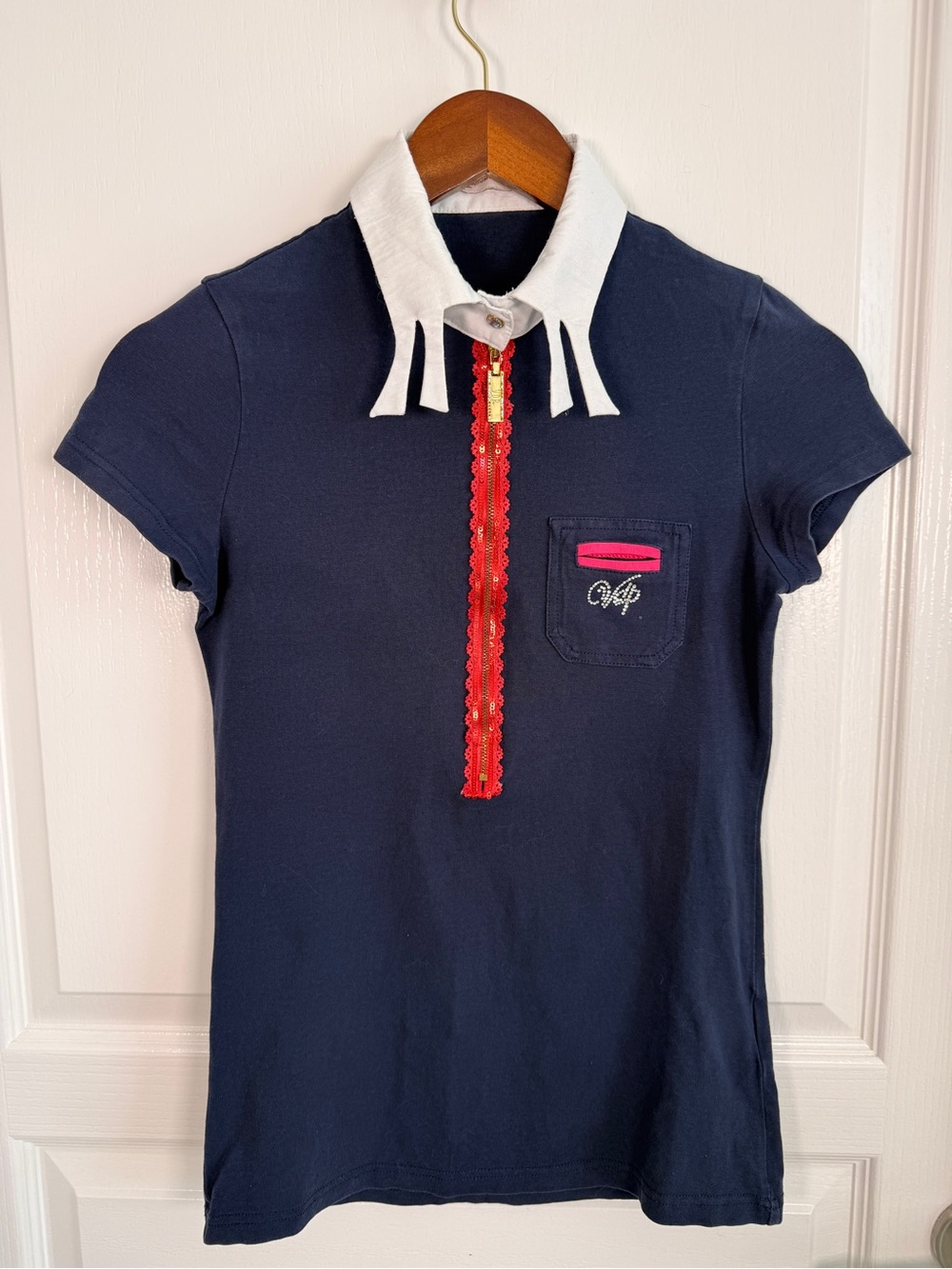 Navy Short-Sleeve Cropped Polo with White Collar and Red Trim